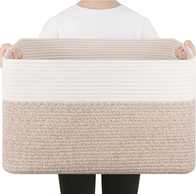 75L Large Cotton Rope Basket, Soft Toy Storage Bin for Nursery & Living Room, Decorative Blanket Basket for Bedroom, Baby-Safe Organizer for Pillows &Laundry, 22''×17''×12'', Brown and White by SIXDOVE