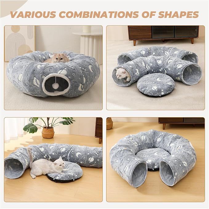 Large Cat Tunnels Bed Tube for Indoor Cats Under Christmas Tree Glows in The Dark Cat Tunnel with Cushion and Plush Ball Toy Longer Playground Toys for Dog Puppy Kitten Pet Gray - Image 3