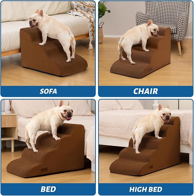 Aodisman Dog Stairs for High Bed,5-Step Pet Ramp for Small Dogs and Cats | 22.2" H Dog Steps for Bed with High-Density Foam, Help Olders,Short-Legged Dogs,Puppy and Cats Get on Beds Easily,Grey,Brown - Image 7