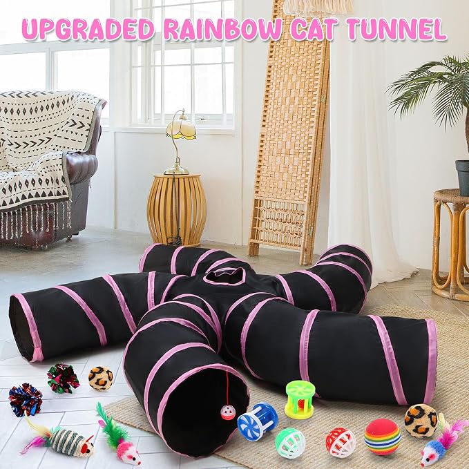 Poen 21 Pcs Cat Tunnel for Indoor Set Collapsible 5 Way Tubes with 20 Pcs Cat Kitten Toys Interactive Feather Toy Mouse Crinkle Balls Tube for Puppy Kitten Rabbit(Pink Black) - Image 5