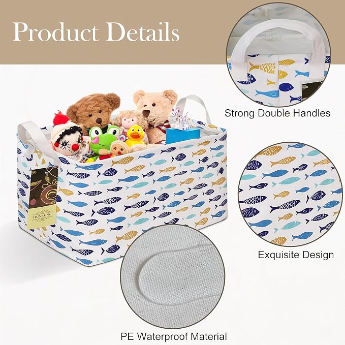 Rectangle Foldable Storage Basket Handles For Home, fish | Waterproof canvas material, reinforced handles, perfect for shelf use, organizes clothes, daily items and pet supplies - Image 5