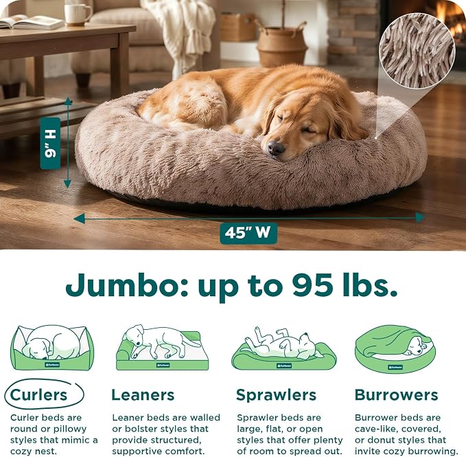 Furhaven 45" Round Calming Donut Dog Bed for Large Dogs, Refillable w/ Removable Washable Cover, For Dogs Up to 90 lbs - Shaggy Plush Long Faux Fur Donut Bed - Taupe, Jumbo/XL - Image 3