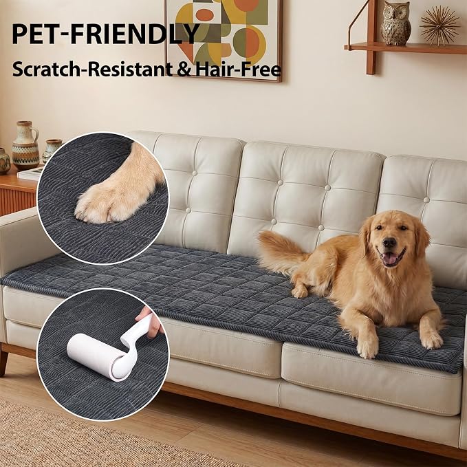 Fixwal Waterproof Corduroy Dog Couch Cover, 27.6" x 59", Dark Grey | Integrated TPU Barrier, Non-Slip Backing, Machine Washable, Pet Friendly, Easy Clean Pet Hair, Soft Sofa Cushion Protector - Image 6
