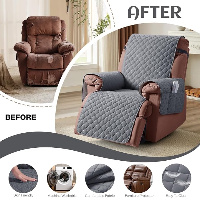 KinCam 100% Waterproof Recliner Chair Covers Washable, 30", Dark Gray | Anti Slip Reclining Couch Covers for Pets Dog, Recliner Sofa Slipcover Storage Pocket, Furniture Protector with Elastic Strap - Image 6