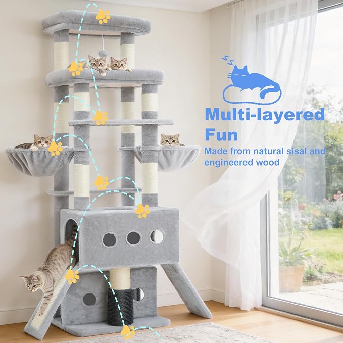 Hey-brother Cat Tree Tower with Multi-Level Platforms, Cozy Condos, MPJ085W | 71.5 Inches Cats House, Scratching Posts with 2 Hammocks, Scratch Board, 2 Plush Baskets for Multiple Indoor Cats, Light Gray - Image 6