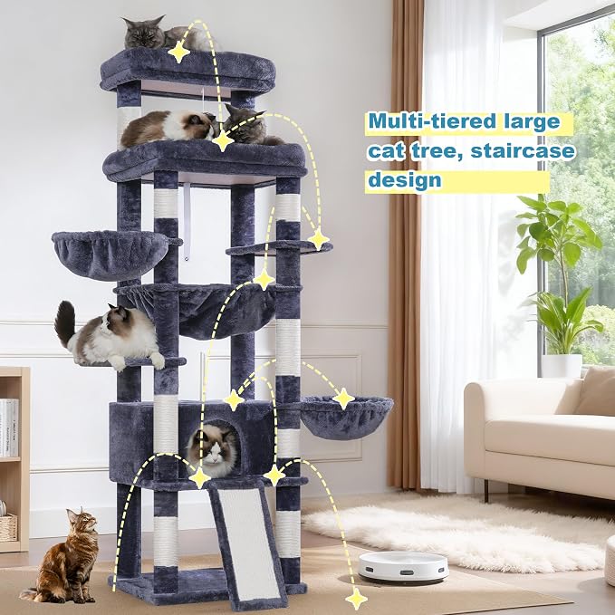 Hey-brother Cat Tree Tower with Extra Large Platform and Basket, MPJ080G | 71.7 Inches Scratching Posts with Specious Condo, 2 Cozy Hammocks, Scratch Board for Indoor Adult Cats, Maine Coon Smoky Gray - Image 7
