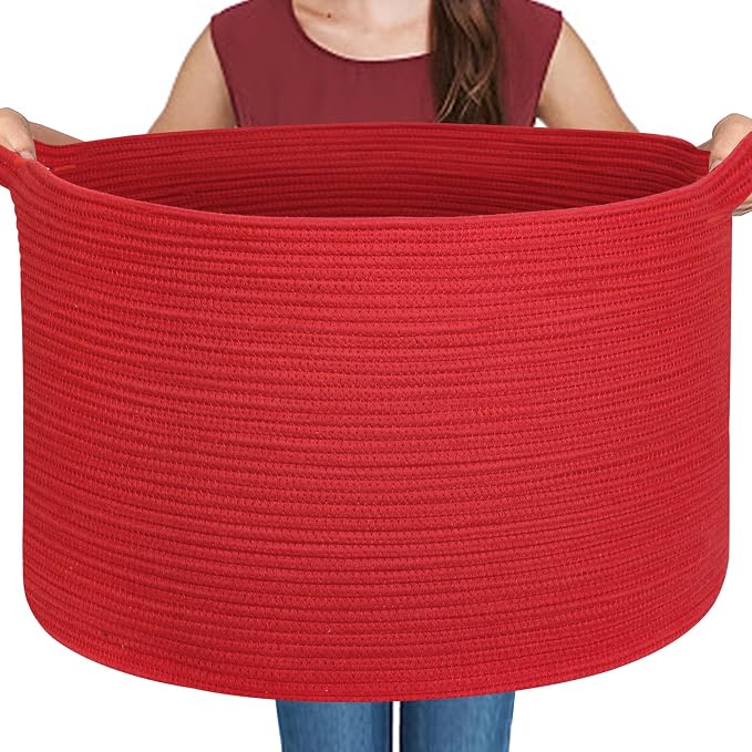 MEGASKET Extra Large Red Basket for Organizing, 22" X 22" X 14" Woven Cotton Rope Bins for Blankets, Baby Nursery Wicker Laundry Basket, Kids Dog Toy Storage Box, Big Red Living Room Decor Organizer by MEGASKET
