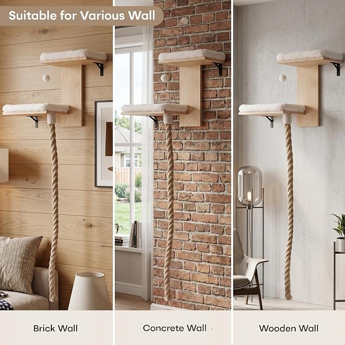 Cat Wall Shelves, 2 Beds with 4.92 ft Cat Scratching Post Rope | Tree Shape Cat Wall Furniture Set, Kitten Floating Shelf with Soft Cushion Perch, Solid Wood Cat Perch for Climb, Play, Nap - Image 5