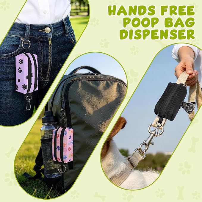 Dog Poop Bag Holder for Leashes 2 Zipper Pockets Black 1 Pack | Lightweight, Pet Waste Bag Dispenser, Treat Pouch, Clip-On, Paw Print - Image 6