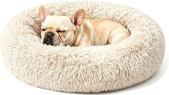 Calming Large Donut Dog and Cat Bed, Anti-Anxiety Round Soft Fluffy Plush Faux Fur Washable Anti-Slip Pet Bed for Medium Dogs Up to 35 lbs 28in Light-Brown by Homeuslynn