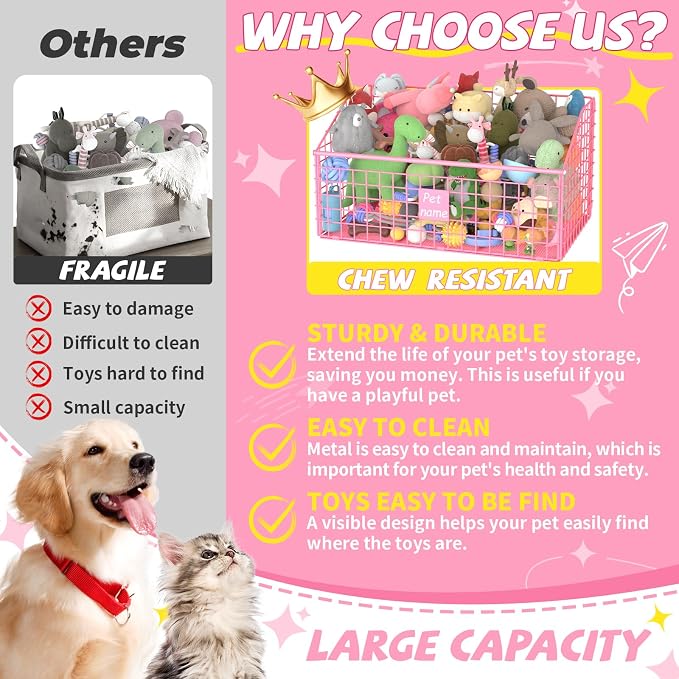 Kaiferty Indestructible Dog Toy basket, Large Toy Bin for Dogs,Pet Toy Bin Dog Metal Basket Organizer Storage for Toys Food Storage (Pink) - Image 2