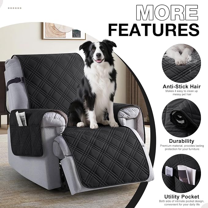 TAOCOCO Waterproof Recliner Chair Covers 30 Inch Wide, Oversized Recliner Covers for Recliner Chair with Pocket, Recliner Slipcovers with Straps Furniture Protector for Kids Pets (30'', Black) - Image 5