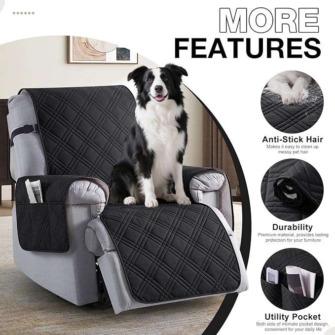 TAOCOCO 100% Waterproof Recliner Chair Covers, Non Slip Recliner Covers for Recliner Chair with Pocket, Washable Reclining Chair Cover Furniture Protector for Kids,Dogs(25'', Black) - Image 5