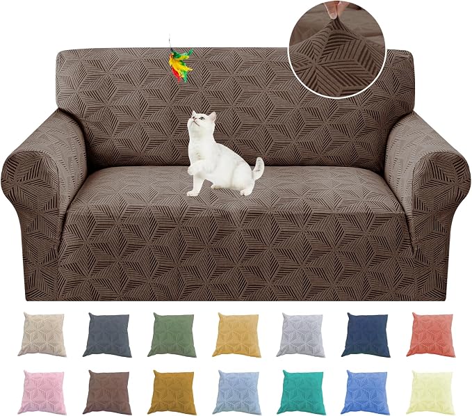 YEMYHOM 1 Piece Stretch Couch Covers for 2 Cushion Couch, Jacquard Loveseat Cover with Non-Slip Elastic Bottom, Thickened Slipcover Furniture Protector for Dogs Pets (Medium, Brown） by YEMYHOM