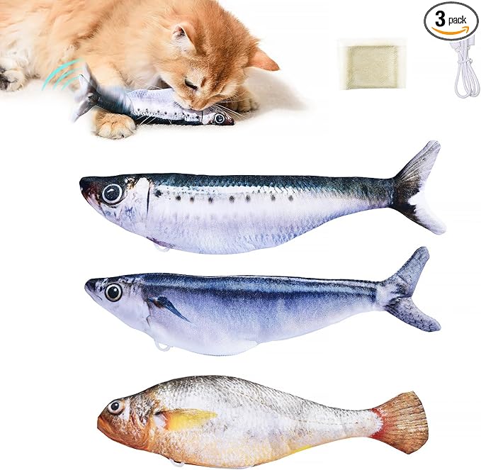 Petgravity Bite-Sized Realistic Flopping Fish Cat Toys, 3 Pack, Interactive Cat Toys for All Breeds, Tap-Activated 3 Flapping Mode, Sardine/Saury/Yellow Croaker, 7.1 Inches, with Catnip, Rechargeable by Petgravity