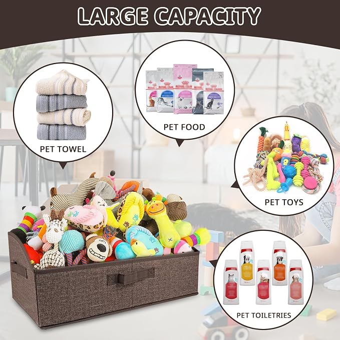 COWOSO Foldable Dog Toy Basket with 3 Handles, Pet Storage Box, Dark Brown | Portable Pet Toy Organizer for Dog Toys & Accessories, Low Front Design, Waterproof Collapsible Storage Bin for Living Room - Image 3