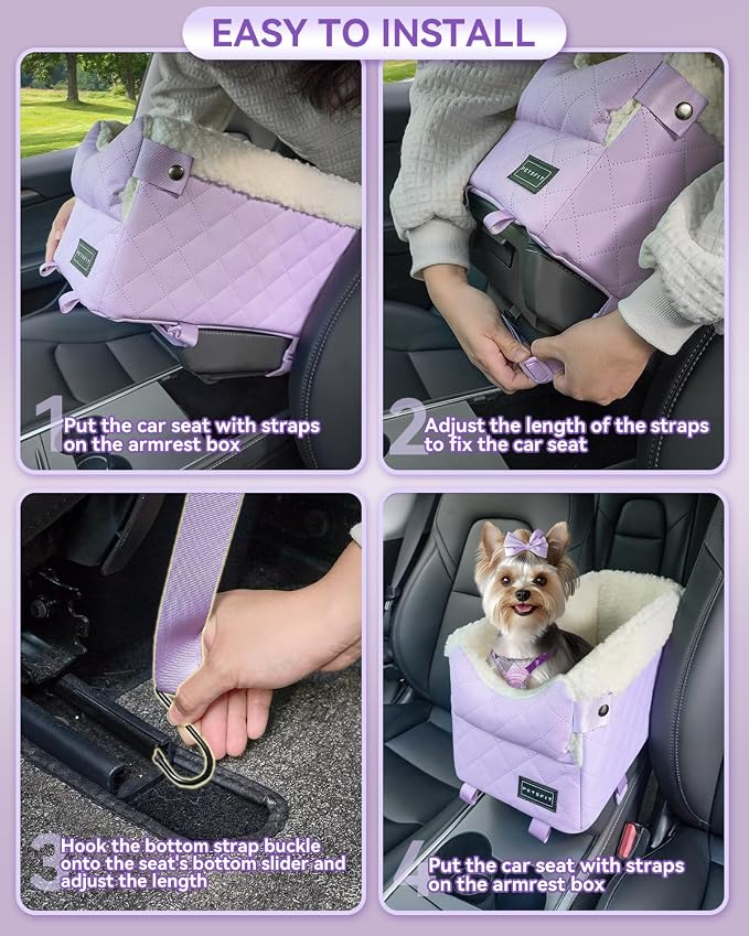 PETSFIT Cat Car Seat with Dual Adjustable Seat-Rail Anchor Hooks | Anti-Collapse Leather Dog Console Car Seat with Safety Tether, Washable Cushion, Soft Pillow for Pets Under 8 lbs, Purple - Image 6