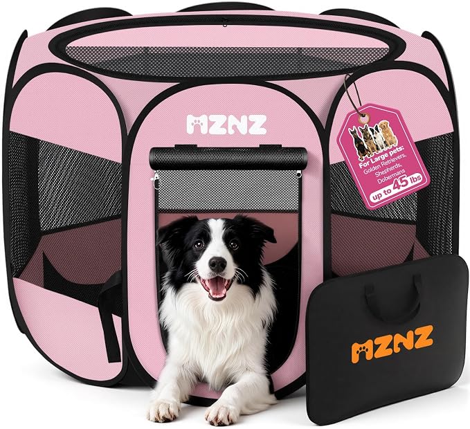 Dog Cat Small Animal Puppy Playpen Crate, Large, Whole Pink | Portable Pop Up Pet Cage Enclosure Tent Kennel Indoor Outdoor with Carrying Case, No Assembly, Camping Use by MZNZ