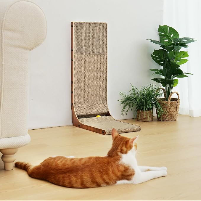 FUKUMARU Cat Scratcher for Indoor Cats, 26.8 Inch Cat Scratch Pad L Shaped | Cardboard Cat Scratcher, Vertical Cat Scratching Board with Ball Toy, Walnut Color, 1 Pack - Image 8