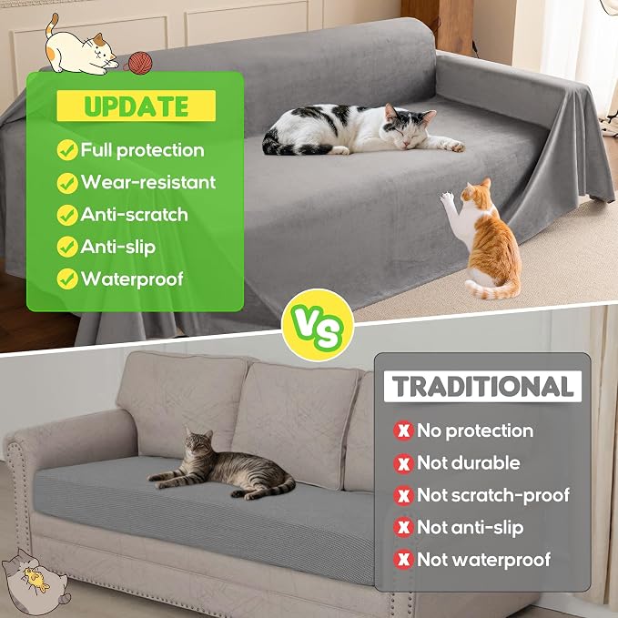 Loiion Cat Scratch Couch Cover Waterproof Sofa Cover 134"x91" Gray | Pet-Friendly Couch Protector, Anti-Scratch & Non Slip Sofa Cover For Cats Dogs Kids, Machine Washable - Image 5