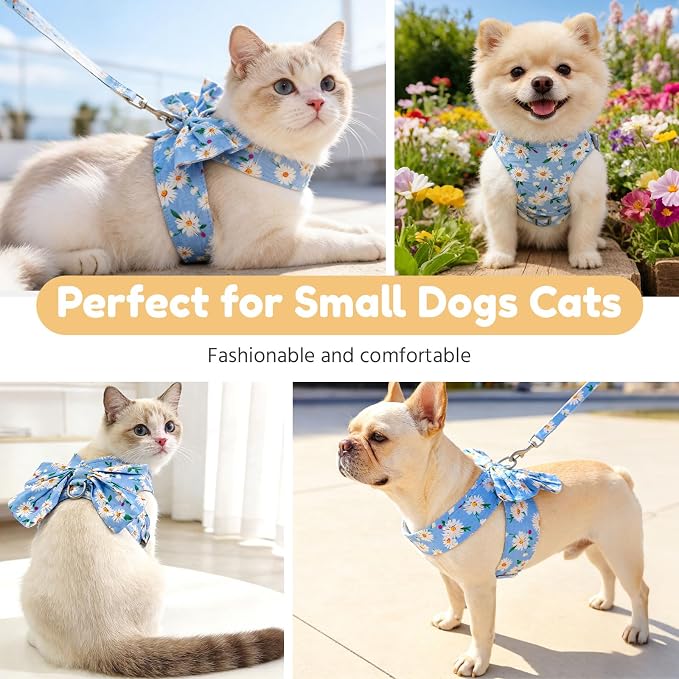 BAEJMJK Dog Harness and Leash Set with Bow Knot No Pull Pet Daisy Floral Harness with D-Ring Soft Mesh Dog Harness Vest Set Escape Proof Princess Puppy Harness for Small Girl Dogs Cats（Blue B S） - Image 8