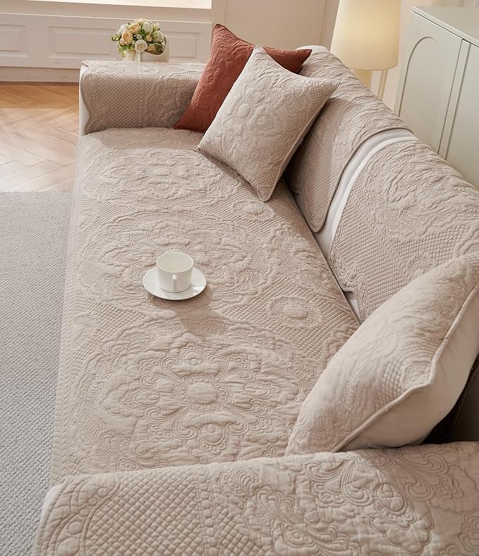vctops Boho Cotton Quilted Couch Cover Soft Embroidered Sofa Cover Non-Slip Dog Bed Cover Scalloped Sofa Slipcover Washable Furniture Protector Cover (Khaki,43"x43") - Image 5