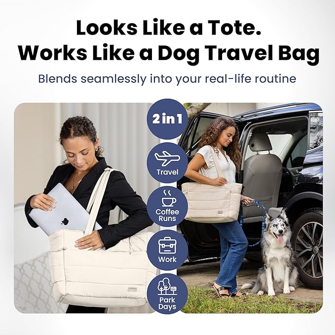 Rubyloo Puffer Dog Travel Bag for Dog Moms, Diaper Bag with Travel Bowls | 2 BPA-Free Collapsible Bowls, 2 Pet Food Containers, 9 Pockets, Everyday Puffer Bag Works With or Without Your Dog, Beige - Image 2