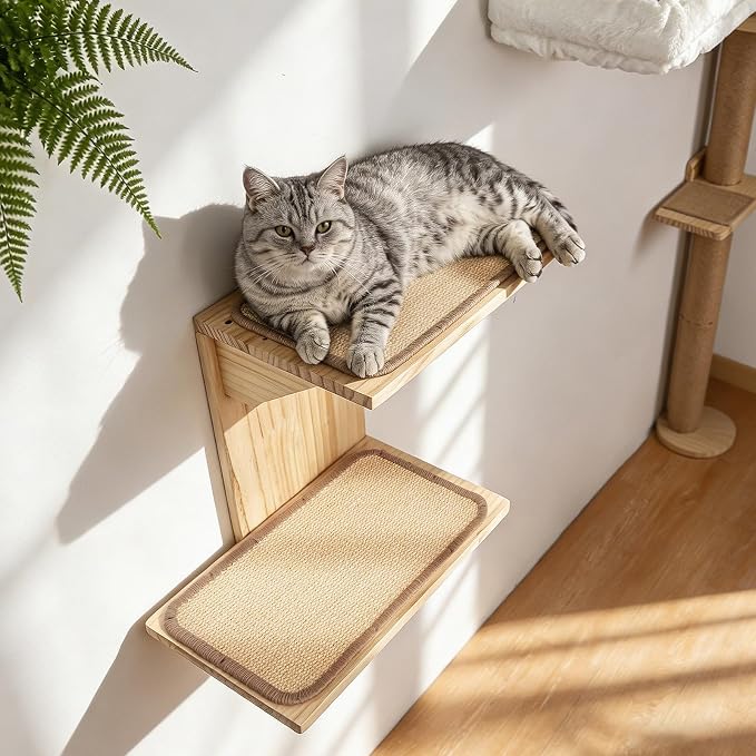 Cat Wall Shelves, 2 Platform Cats Walls Furniture, Tree Shape Kitten Floating Shelf with Sisal Mat Perch, Solid Pine Wood, Suitable for Climb, Play, Nap - Image 2