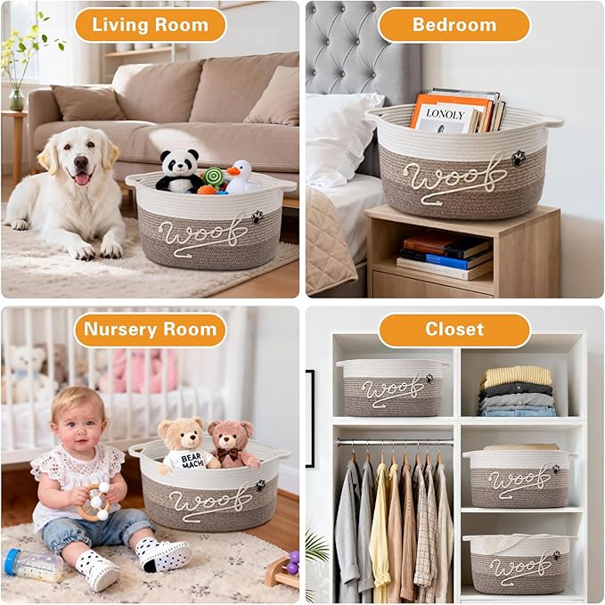 30L Woof Dog Toy Basket with Handles, Large Dog Toy Storage Bin with Paw Print, Woven Dog Basket for Blankets, Toys, Chews, Pet Toy Box for Nursery, Living Room, Bedroom, 17”x12”x9, Brown - Image 6