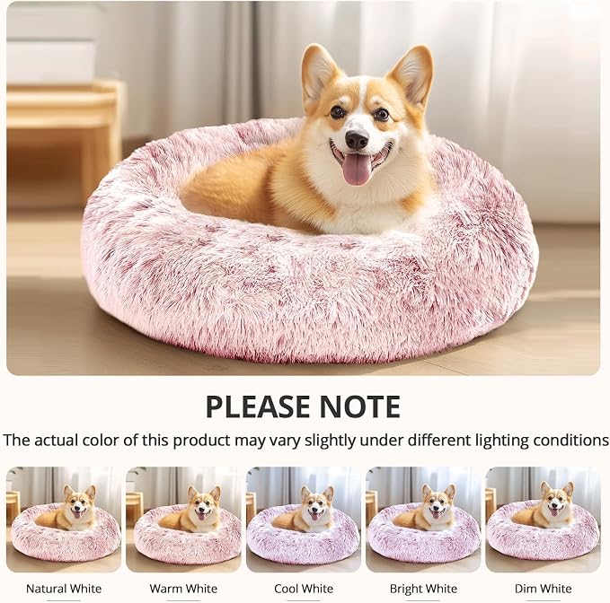 JOLLYVOGUE Calming Dog Bed for Small Dogs - 23 inches Donut Washable Small Dog Bed for Kittens & Puppies, Anti-Slip Round Fluffy Plush Faux Fur Cat Beds (Fits up to 25 lbs Pets, Smoke Pink) - Image 6
