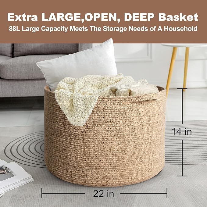 MEGASKET Extra Large Storage Basket, 22”x14” Woven Cotton Rope Basket, Big Kids Dog Floor Toy Bin, XXL Blanket Pillow Holder for Living Room Bedroom, Brown Variegated Round Baskets for Organizing - Image 3