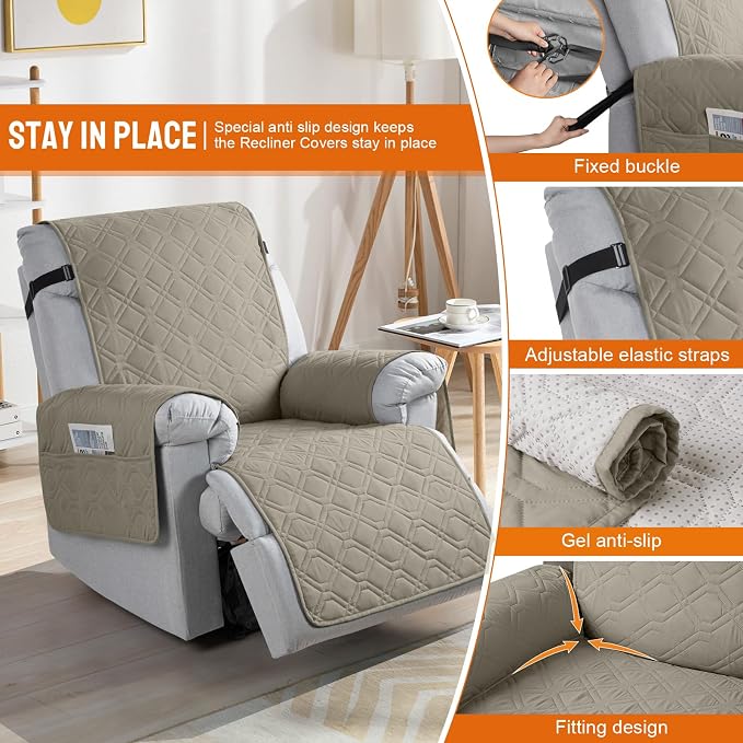 VANSOFY 100% Waterproof Recliner Chair Covers Washable, Khaki, 20" | Non-Slip, Slipcover with Pocket, Furniture Protector, Elastic Straps, Chair Cover for Pets, Dogs - Image 3