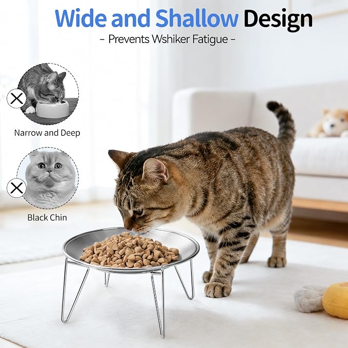 WROSWT Elevated Cat Bowls, 304 Stainless Steel Raised Cat Dishes, Extra Wide Shallow Cat Bowl for Whisker Fatigue Relief & Flat-Faced Breeds, Anti-Vomiting Kitten Feeder with Detachable Stands, 2 Set - Image 6