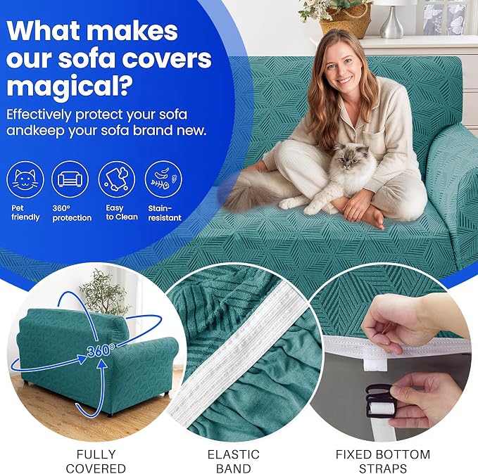 YEMYHOM 1 Piece Stretch Couch Covers for 3 Cushion Couch, Jacquard Sofa Cover with Non-Slip Elastic Bottom, Thickened Slipcover Furniture Protector for Dogs Pets (Large, Peacock Blue） - Image 4