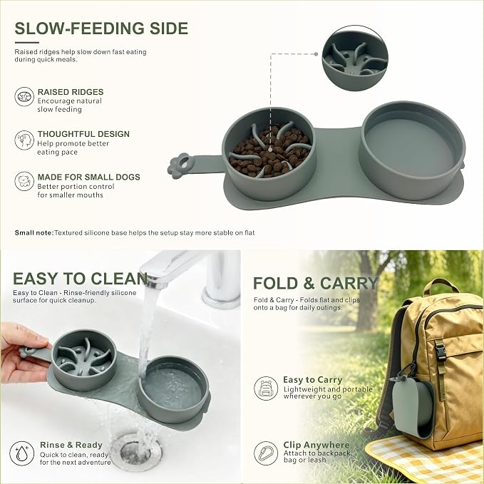 Portable Collapsible Travel Double Bowl for Small Dogs Up to 10 lb | Silicone bowl with a slow feeder side and carabiner. Unique design avoids onsite cleanup. Pour out water, close it and go - Image 3