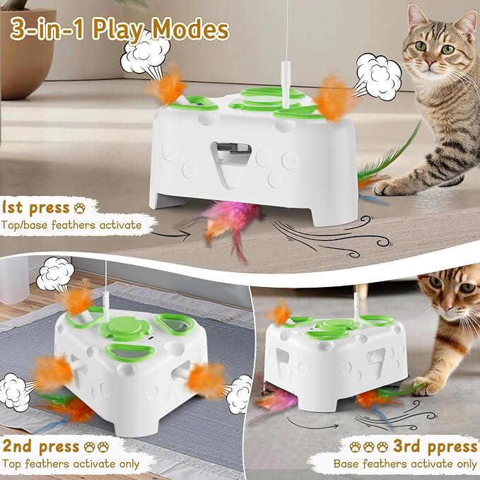 3-in-1 Automatic Interactive Cat Toy, Flying Bird, Mole & Feather | Rotating feather, 3 play modes, cheese-shaped non-slip base, USB-C rechargeable 1200mAh battery, 8-minute auto shutoff - Image 3