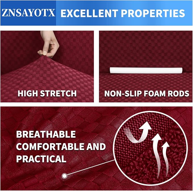 ZNSAYOTX 1 Piece Jacquard Couch Covers for 3 Cushion Couch High Stretch Sofa Cover for Pets Dogs Anti Slip Extra Large Sofa Slipcovers Furniture Protector (XL Sofa, Wine Red) - Image 5
