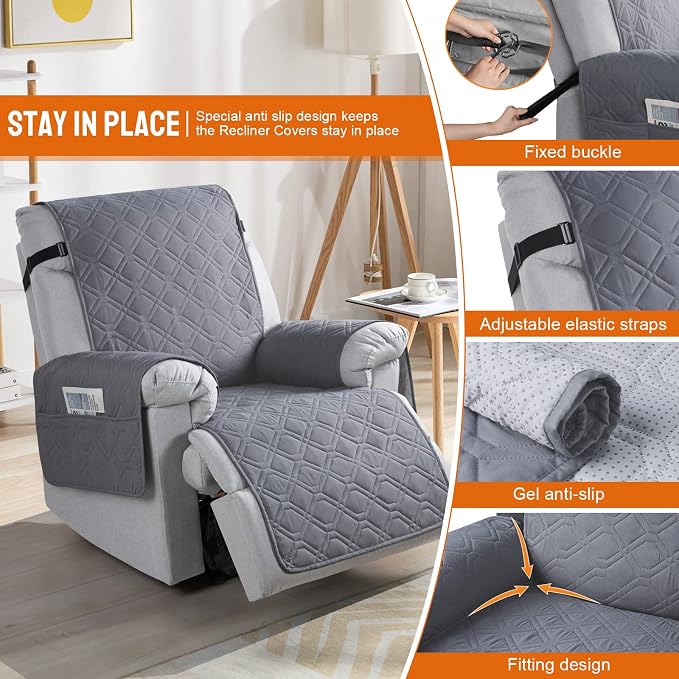 VANSOFY 100% Waterproof Recliner Chair Covers, Recliner Cover Non-Slip Dog Chair Cover Furniture Protector Washable Slipcover with Pocket, Elastic Straps for Pets, Dogs(Dark Gray, 28") - Image 3