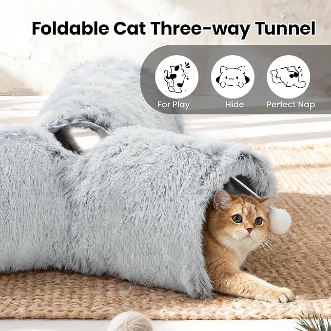 Tempcore Plush Cat Tunnel for Indoor Cats, 3 Way Collapsible Pet Play Tunnel with Teaser Wand, Peek Holes & Hanging Ball, Interactive Tube for Kittens & Rabbits, Light Grey - Image 7