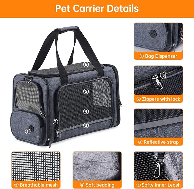 Cat Carrier Pet Travel Carrier by Airplane Approved Under seat, TSA Airline Approved Soft-Sided Dogs Carrier Bag for cat,Dogs,17.5 x 8.5 x 11 inches,Grey - Image 4