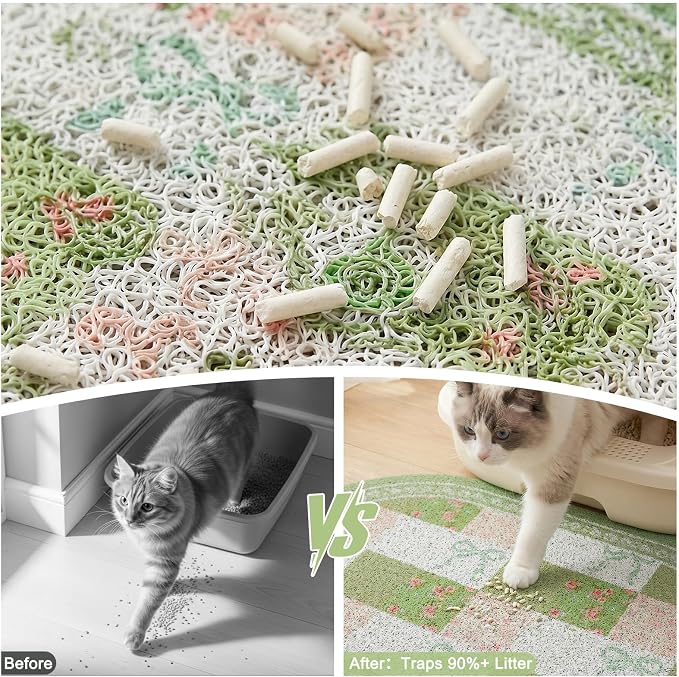 Bienbee Cat Litter Mat, 24" x 15" Litter Box Mat Rug with Non-Slip Bottom,Urine and Water Proof, Easy to Clean Cat Supplies Essentials for Indoor Kitty Kitten Floor, Green Floral Knot M - Image 2