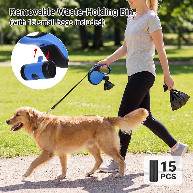 Segarty 16 Ft Retractable Dog Leash with Detachable Poop Bag Holder, 5m Walking Leash for Pets up to 66 lbs, 360°Tangle-Free Dog Lead with Anti-Slip Handle & One-Handed Brake Pause Lock for Outdoors - Image 6