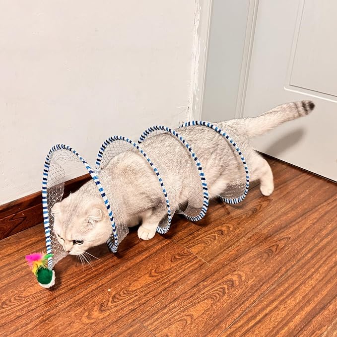 2-Pack Large Cat Tunnel Beds - Indoor & Outdoor,Kitten Collapsible Spring Tunnel Toy with Feather and Bell,Interactive Spring Toys for Cats & Kittens（Yellow and Blue） - Image 5