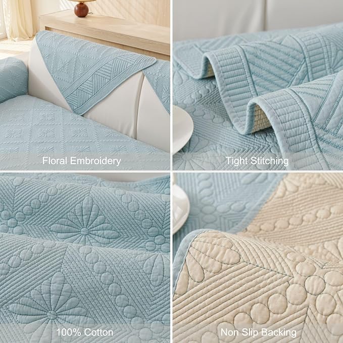 vctops Boho Cotton Quilted Sofa Couch Cover Washable Soft Non Slip Sectional Couch Covers Floral Embroidery Sofa Slipcover for Dogs, Children, Pets Furniture Protector (Blue,28"x70") - Image 7