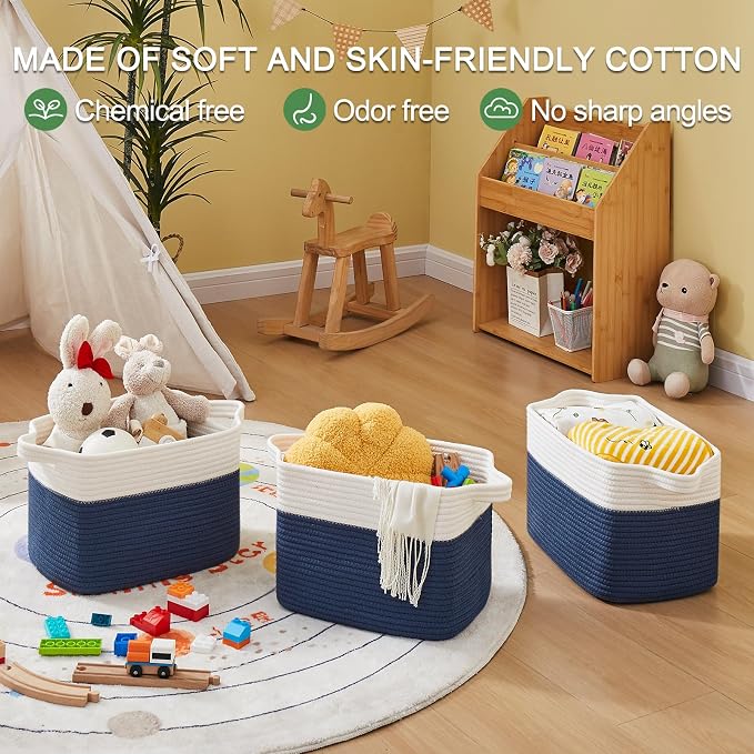 OIAHOMY Storage Baskets - Woven Cotton Rope Baskets for Shelves, Toy Towel Organizer Bins, Pack of 3, Blue & White - Image 2