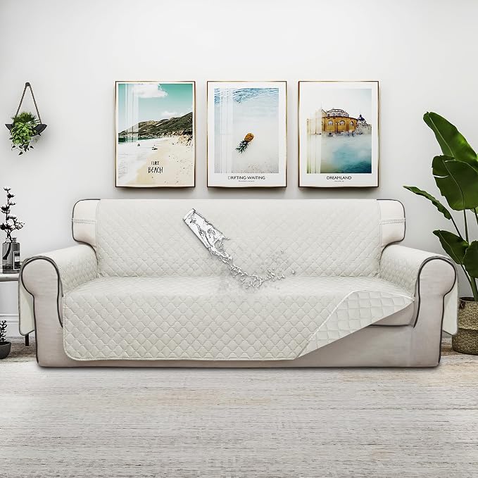 ISSUNTEX Double Protection 100% Waterproof Sofa Covers for Living Room, Couch Covers for 3 Cushion Couch Sofa, Reversible Furniture Protector Sofa Cover for Dogs, Pets, Kids (Sofa, Ivory/Ivory) - Image 2