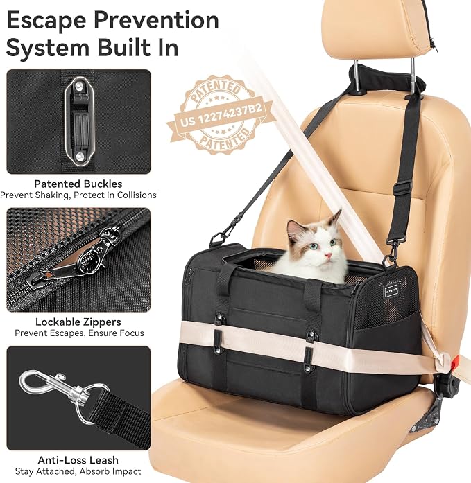 PETSFIT Large Cat Carrier with Patented Safety Buckles,Big Cats Up to 20 lb | Secure Carrier for Safe Driving, Lockable Zippers, Safety Tether, Travel Pet Carrier for Trips & Vet Visits,19 x 12 x 12 - Image 3