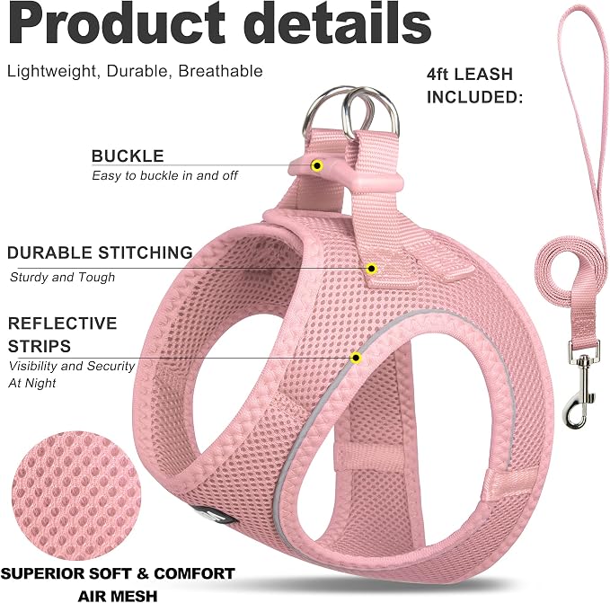Fida Comfy Dog Harness with Leash, Soft Puppy Vest Escape Proof, Breathable Lightweight Soft Mesh, Adjustable Reflective Step-in Harness for Small Dogs Walking (S, Pink) - Image 3
