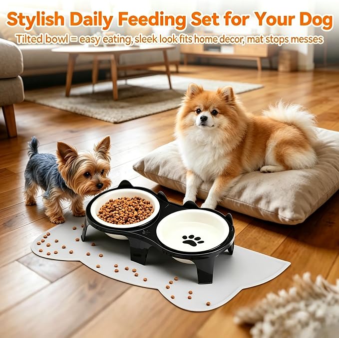 Ceramic Raised Dog Bowls for Small Medium Puppies, Non Slip Dual Feeding Dishes with Silicone Mat, 2 Pack Pet Food Water Bowls Suitable for Cats & Dogs, Black - Image 7