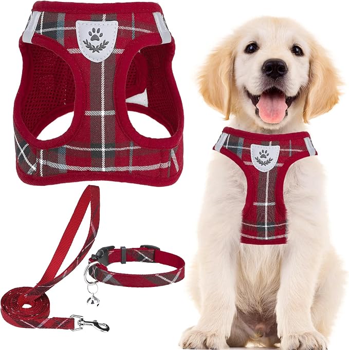 PUPTECK Dog Harness, Collar and Leash Set No Pull for Small Medium Sized | Plaid Puppy Step-in Escape Proof Reflective No Choke Pet Cat Adjustable Walking Vest by PUPTECK